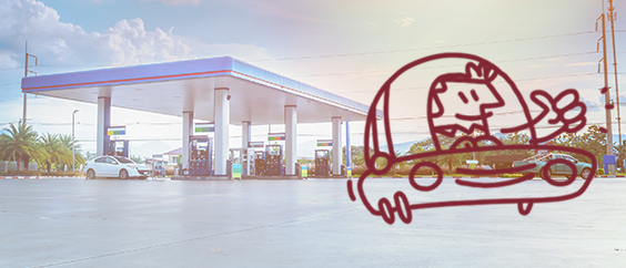 Campaña tráete a un amigo de Regal Ilustración de una persona en un coche en una gasolinera